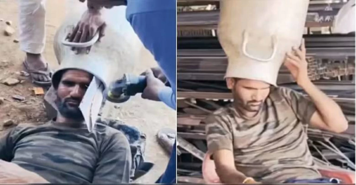 هندي يعلق رأسه في جرة الحليب بسبب الحر