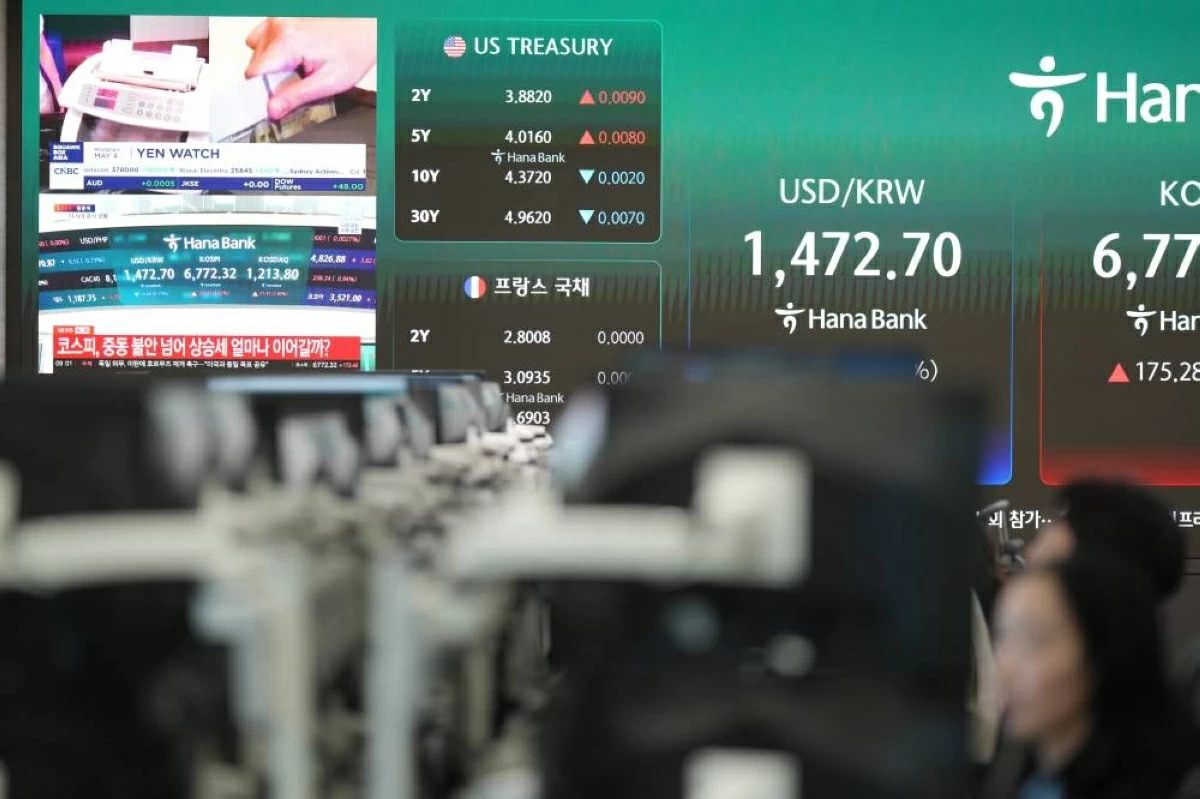 شاشة تعرض سعر صرف العملات الأجنبية في غرفة تداول ببنك هانا في سيول