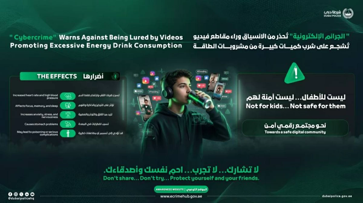 شرطة دبي تُحذر من الانسياق وراء مقاطع فيديو تُشجع على شرب كميات كبيرة من مشروبات الطاقة