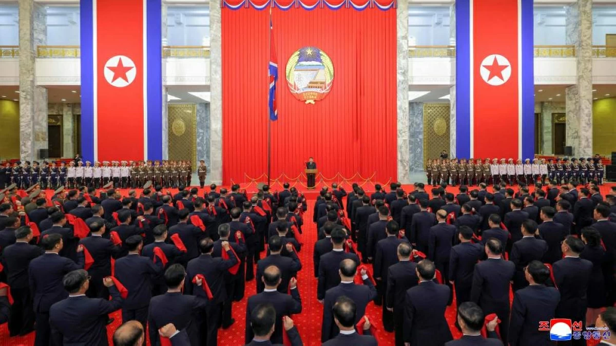 This picture taken on September 9, 2026 and released by North Korea's official Korean Central News Agency (KCNA) on September 10, 2026 shows North Korean leader Kim Jong Un delivering a speech at the national flag-hoisting and oath-taking ceremony marking the 78th anniversary of the country's founding at the Pyongyang Assembly Hall in Pyongyang. (Photo by KCNA VIA KNS / AFP) / South Korea OUT / ---EDITORS NOTE--- RESTRICTED TO EDITORIAL USE - MANDATORY CREDIT 'AFP PHOTO/KCNA VIA KNS' - NO MARKETING NO ADVERTISING CAMPAIGNS - DISTRIBUTED AS A SERVICE TO CLIENTS
THIS PICTURE WAS MADE AVAILABLE BY A THIRD PARTY. AFP CAN NOT INDEPENDENTLY VERIFY THE AUTHENTICITY, LOCATION, DATE AND CONTENT OF THIS IMAGE. /