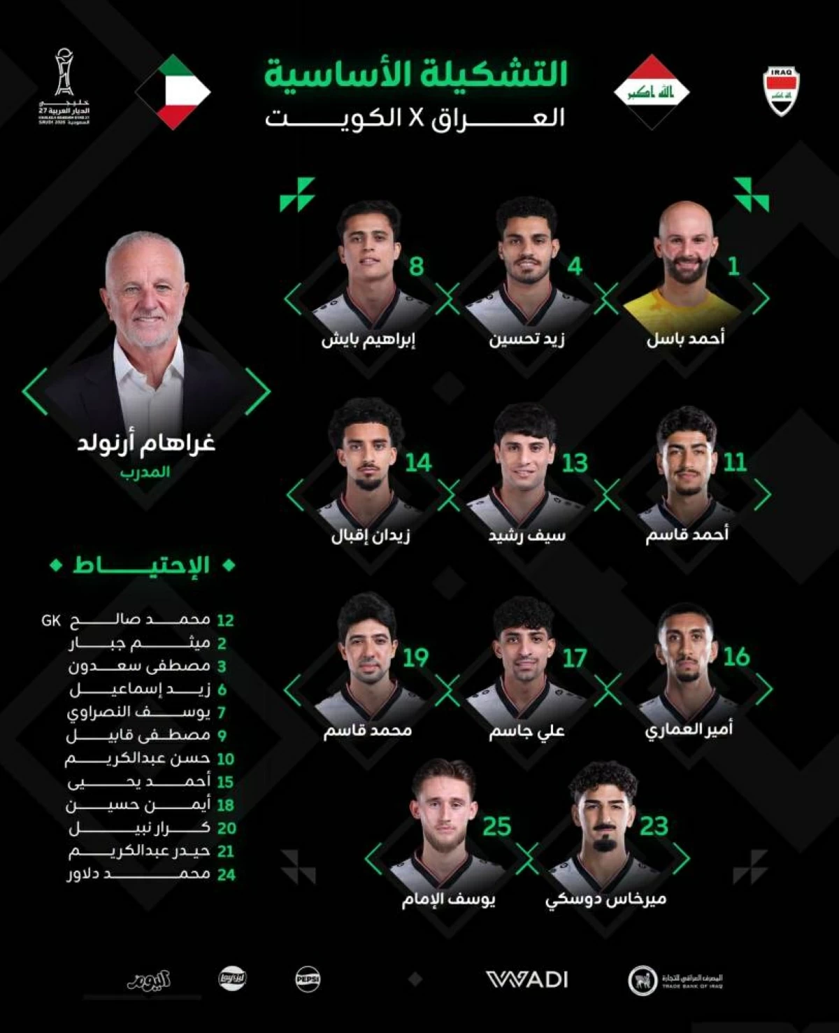تشكيلة المنتخب العراقي التي تواجه منتخب الكويت
