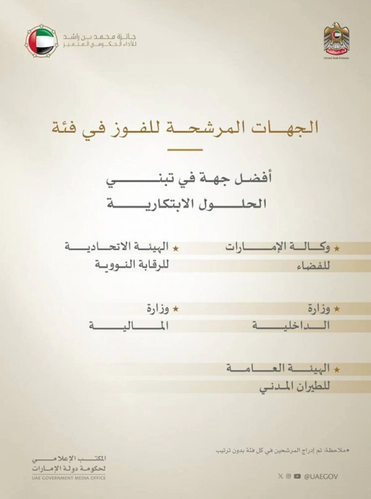 الإمارات.. الكشف عن المرشحين لسبع فئات في «جائزة محمد بن راشد للأداء الحكومي»