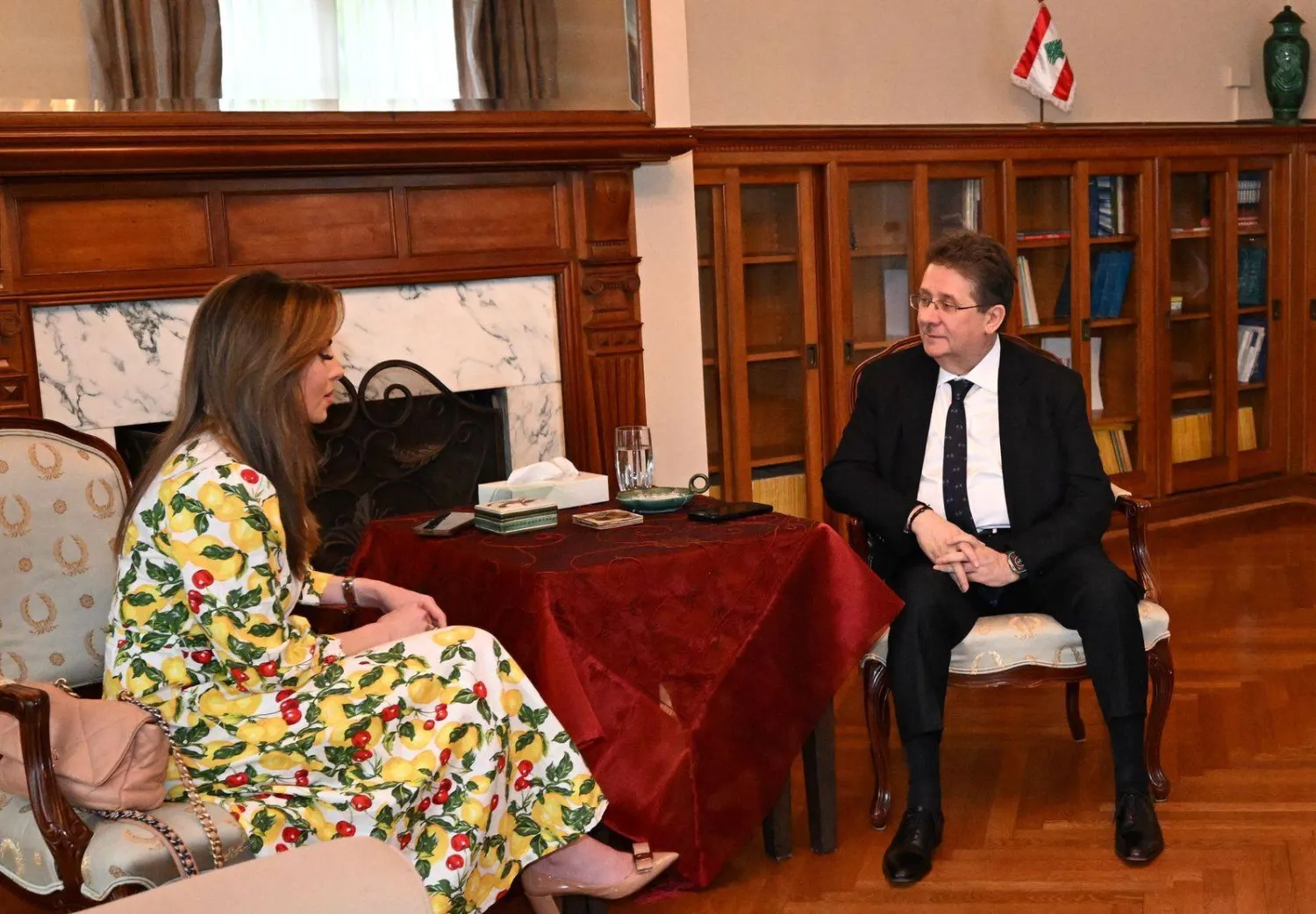 المبعوثة الامريكية خلال لقائها رئيس لجنة المال والموازنة بالبرلمان اللبناني في واشنطن(وكالات)