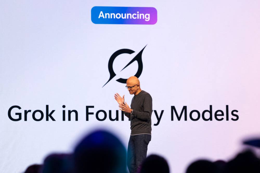 الرئيس التنفيذي لـ «مايكروسوفت» ساتيا ناديلا خلال مؤتمر Microsoft Build 2025، في سياتل ( أ ف ب)