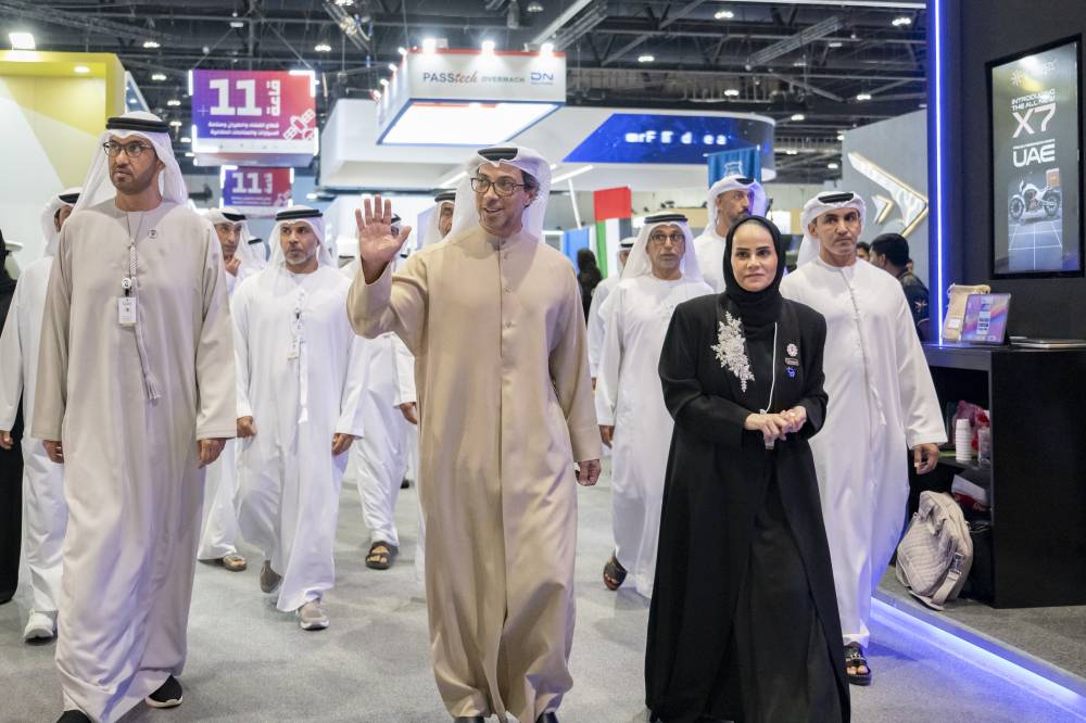 ABU DHABI, UNITED ARAB EMIRATES - May 20, 2025: HH Sheikh Mansour bin Zayed Al Nahyan, UAE Vice President and Deputy Prime Minister (C), tours Make it in the Emirates Forum, at the Abu Dhabi National Exhibition Centre (ADNEC). Seen with HE Dr Sultan bin Ahmed Al Jaber, UAE Minister of Industry and Advanced Technology Group CEO of ADNOC and Chairman of Masdar (L) and HE Salama AlHaj Alawadhi, Undersecretary Assistance for Industry Growth - Ministry of Industry and Advanced Technology (R).
( Eissa Al Hammadi / UAE Presidential Court )
---