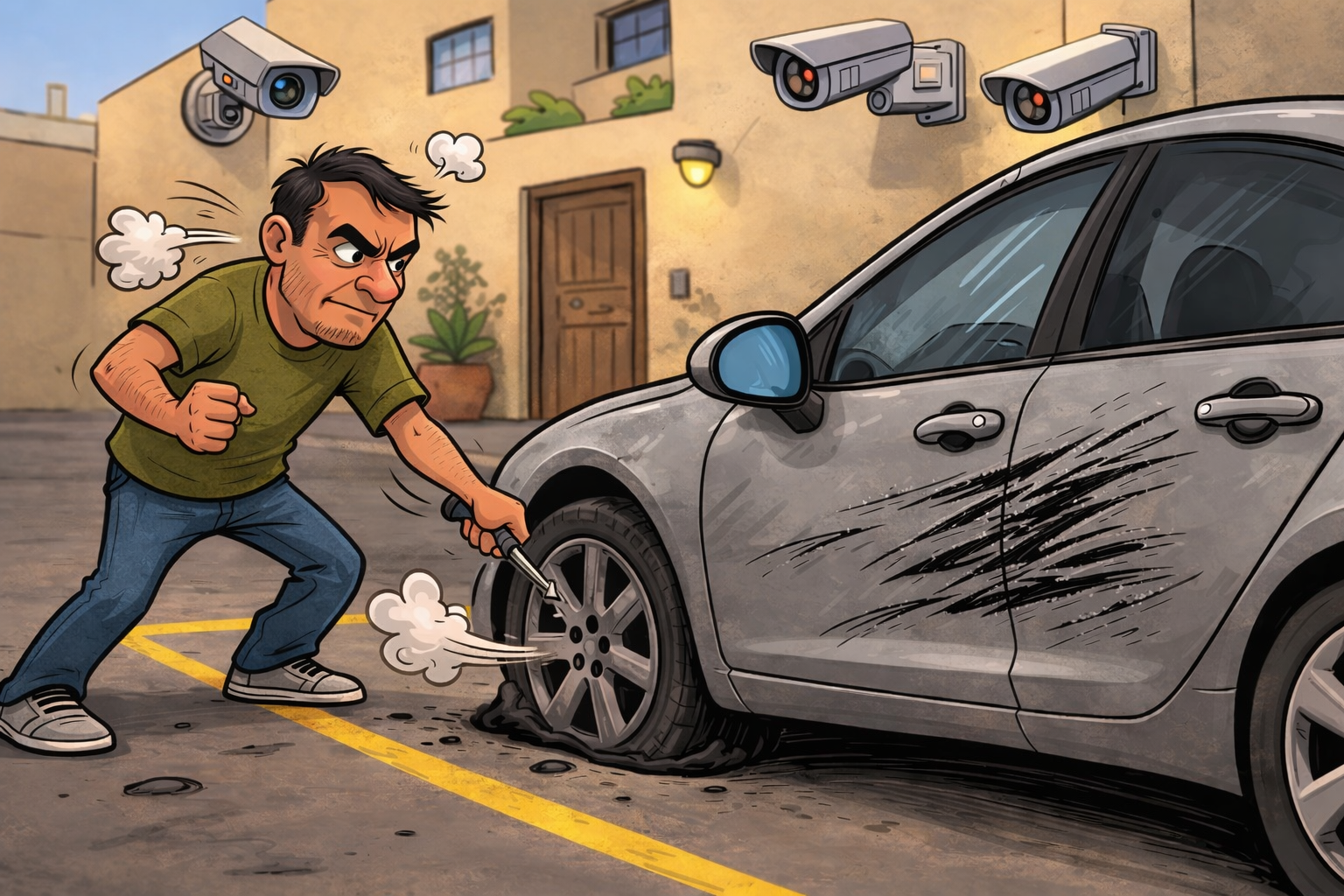 الغضب يقود عربياً إلى إتلاف مركبة متوقفة في موقفه الخاص 