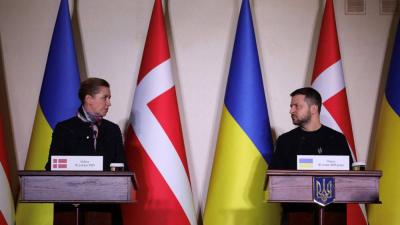 الرئيس الأوكراني خلال مؤتمر صحفي في كييف مع رئيسة المفوضية الأوروبية