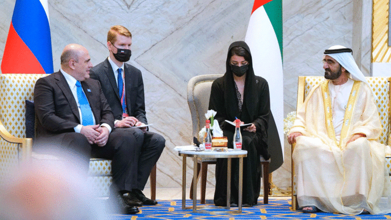 محمد بن راشد يلتقي رئيس وزراء روسيا في مقر إكسبو 2020 دبي