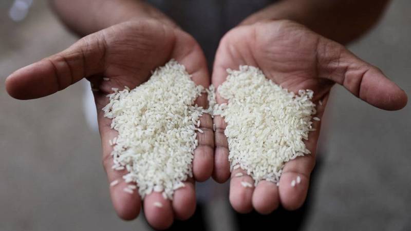 رجل يقارن حبيبات مختلفة من الأرز بسوق الجملة في مومباي، الهند (رويترز)