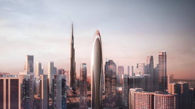 رسم هندسي تخيلي لتصميم المشروع وموقع في وسط مدينة دبي