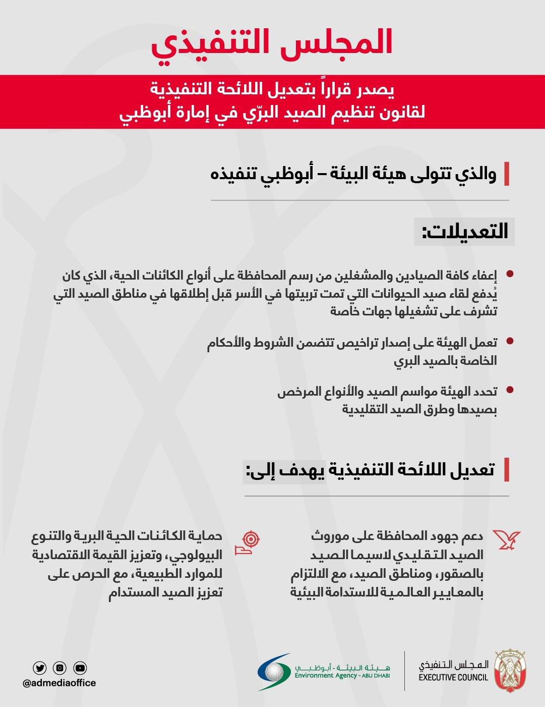 تعديل اللائحة التنفيذية لقانون الصيد البري لإمارة أبوظبي تعديل اللائحة التنفيذية لقانون الصيد البري لإمارة أبوظبي