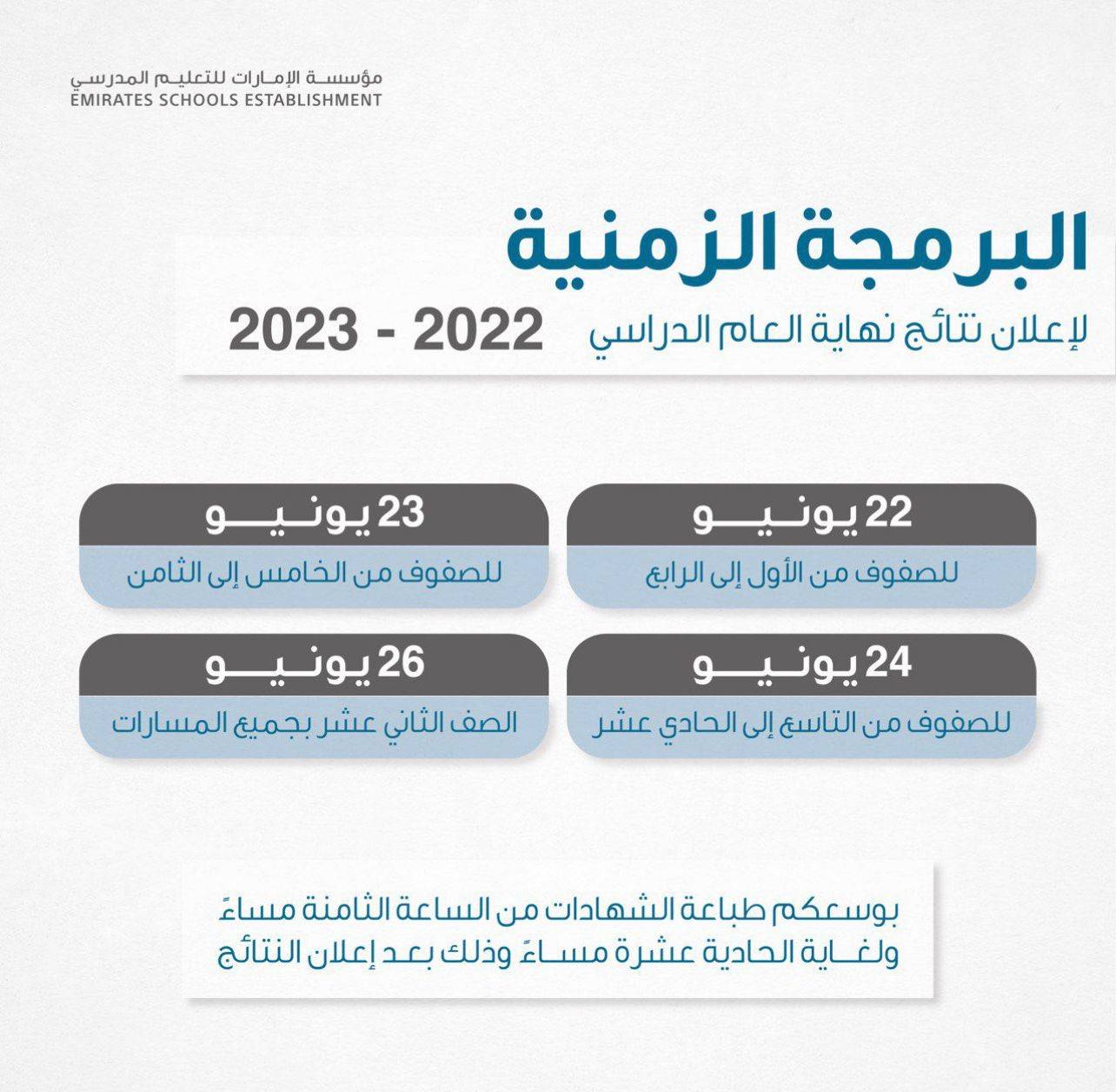 «الإمارات للتعليم المدرسي» تعلن مواعيد نتائج نهاية العام