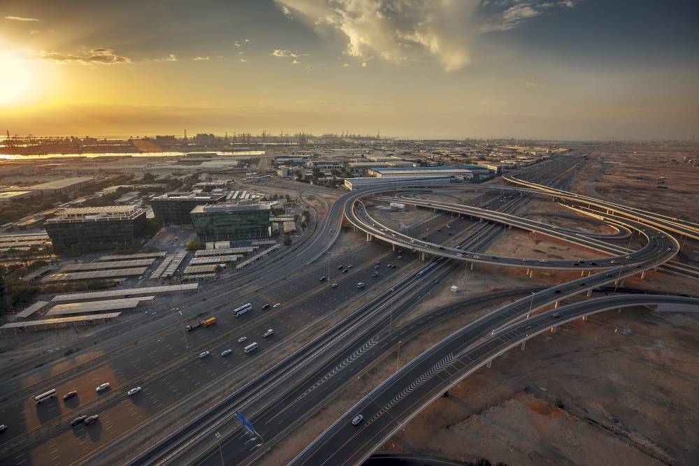Scenic aerial view of Jafza buildings at Jebel Ali Free zone