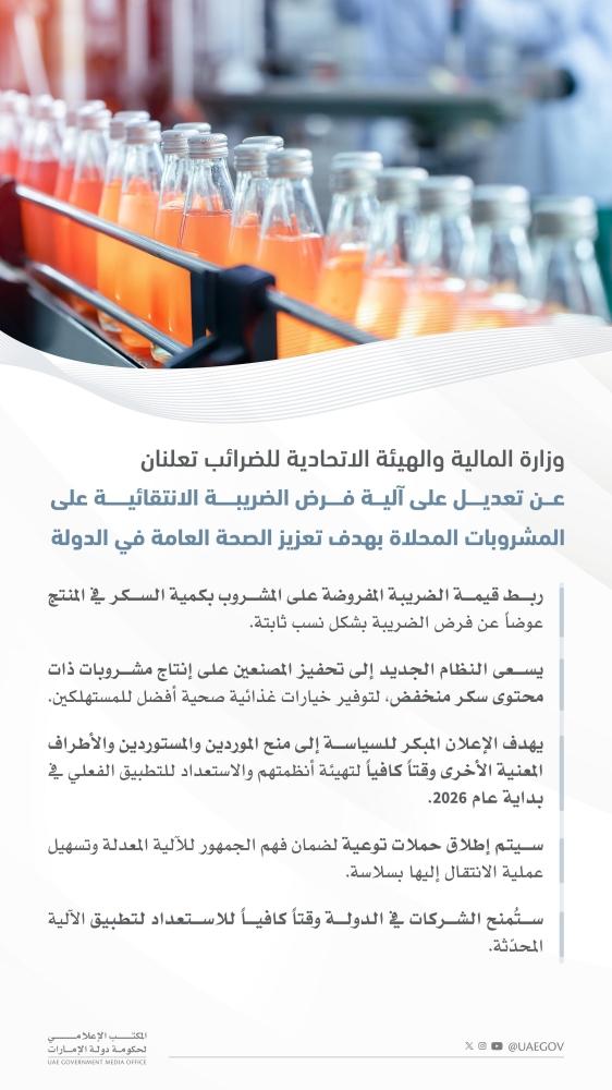 الإمارات.. ربط الضريبة على المشروبات المحلاة بكمية السكر حفظاً على الصحة الإمارات.. ربط الضريبة على المشروبات المحلاة بكمية السكر حفظاً على الصحة