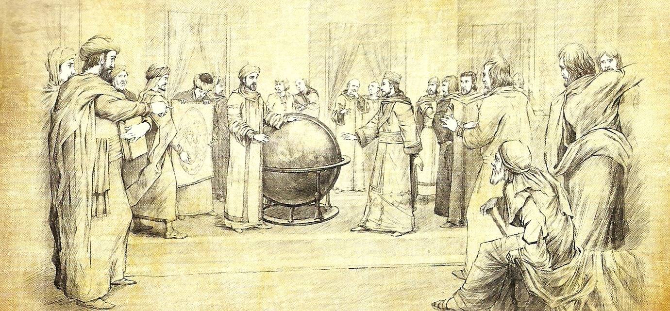 رسم يوضح الإدريسي وهو يشرح كروية الأرض عند الملك الصقلي روجر الثاني