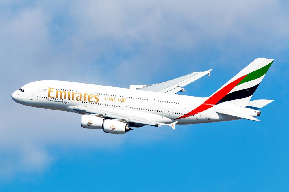 New York, USA - March 1, 2020: Emirates Airbus A380-800 airplane at New York John F. Kennedy airport (JFK) in the USA. Airbus is an aircraft manufacturer based in Toulouse, France.