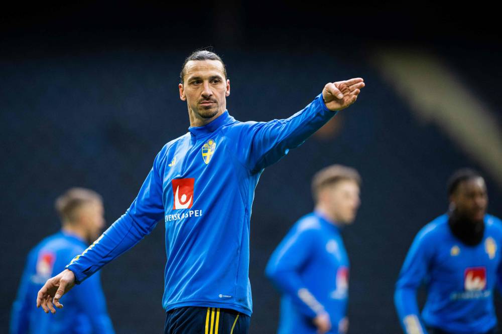 Sweden's forward Zlatan Ibrahimovic attends a training session of Sweden's national football team in Solna on March 21, 2023, ahead to the EURO qualifier of Sweden vs Belgium to be played on March 24, 2023. (Photo by Jonathan NACKSTRAND / AFP)