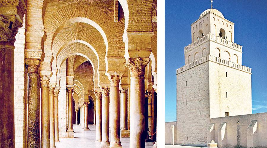 صورتان لمسجد عقبة بن نافع من الداخل والخارج