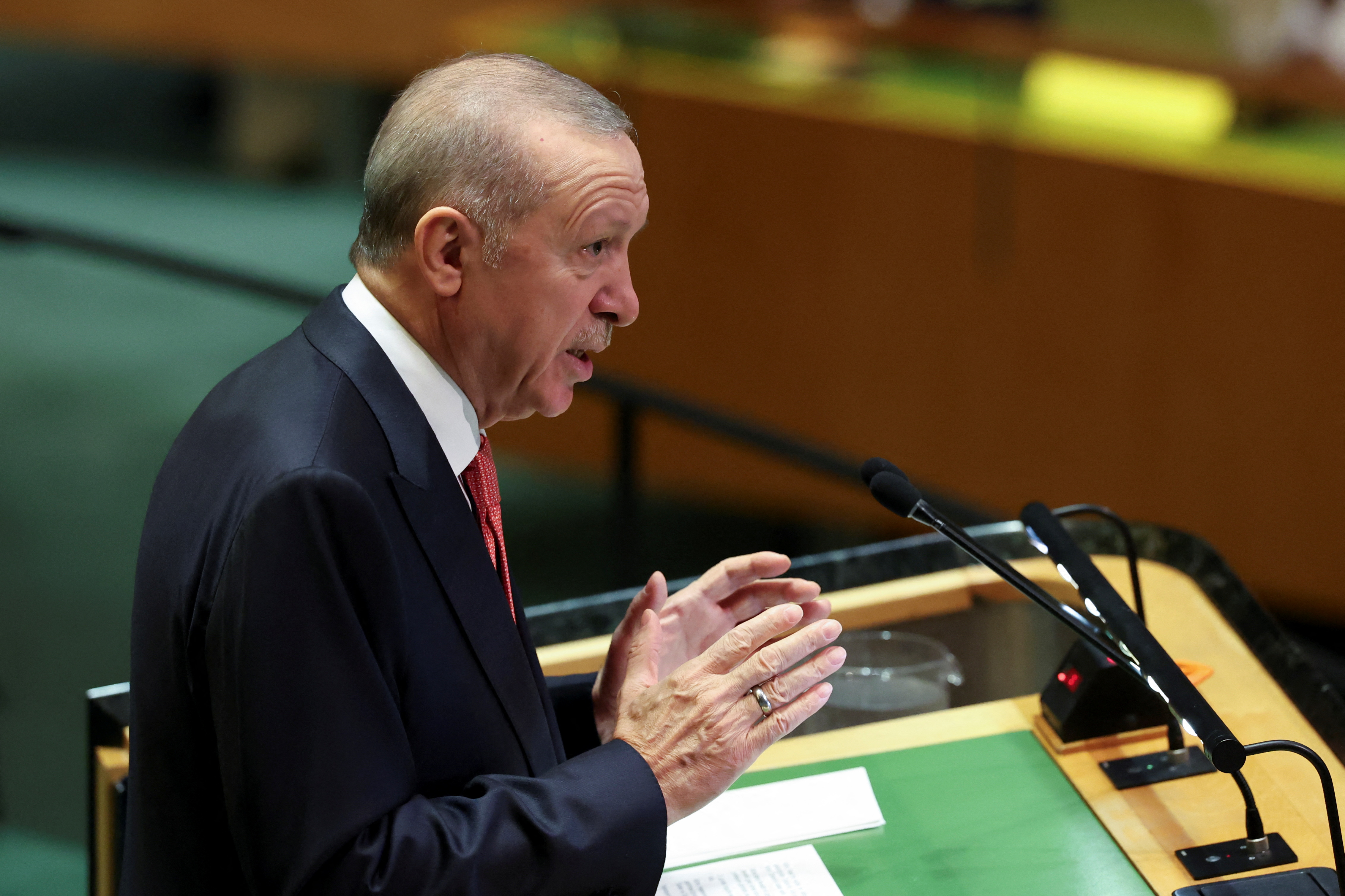 Turkey's President Tayyip Erdogan gestures as he addresses the 79th United Nations General Assembly at U.N. headquarters in New York, U.S., September 24, 2024. REUTERS/Brendan McDermid