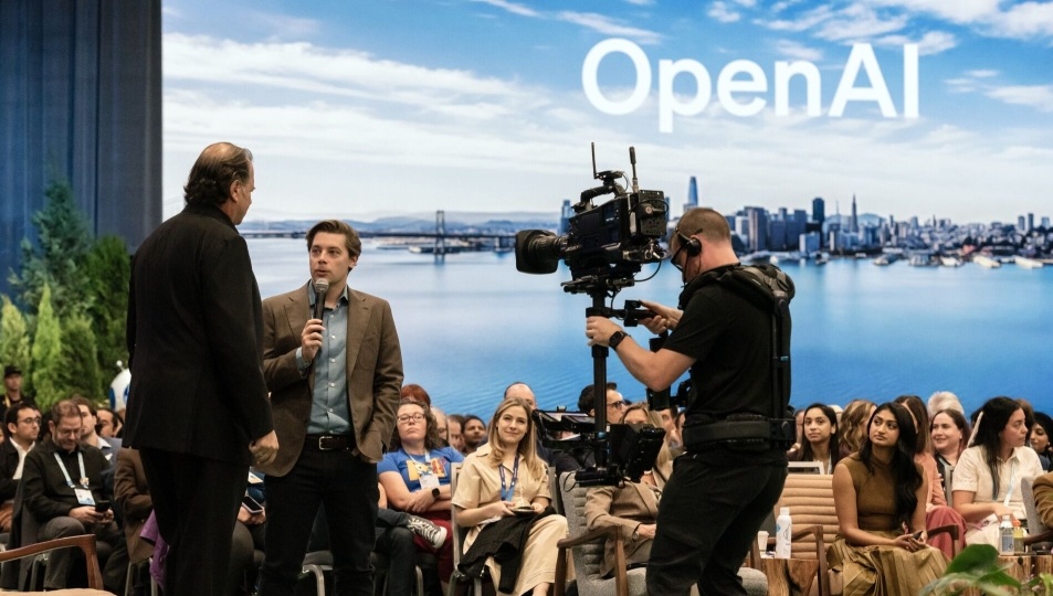 براد لايتكاب، الرئيس التنفيذي للعمليات في أوبن أيه آي ومارك بينيوف الرئيس التنفيذي لـ سايلزفورس خلال مؤتمر في سان فرانسيسكو (بلومبيرغ)