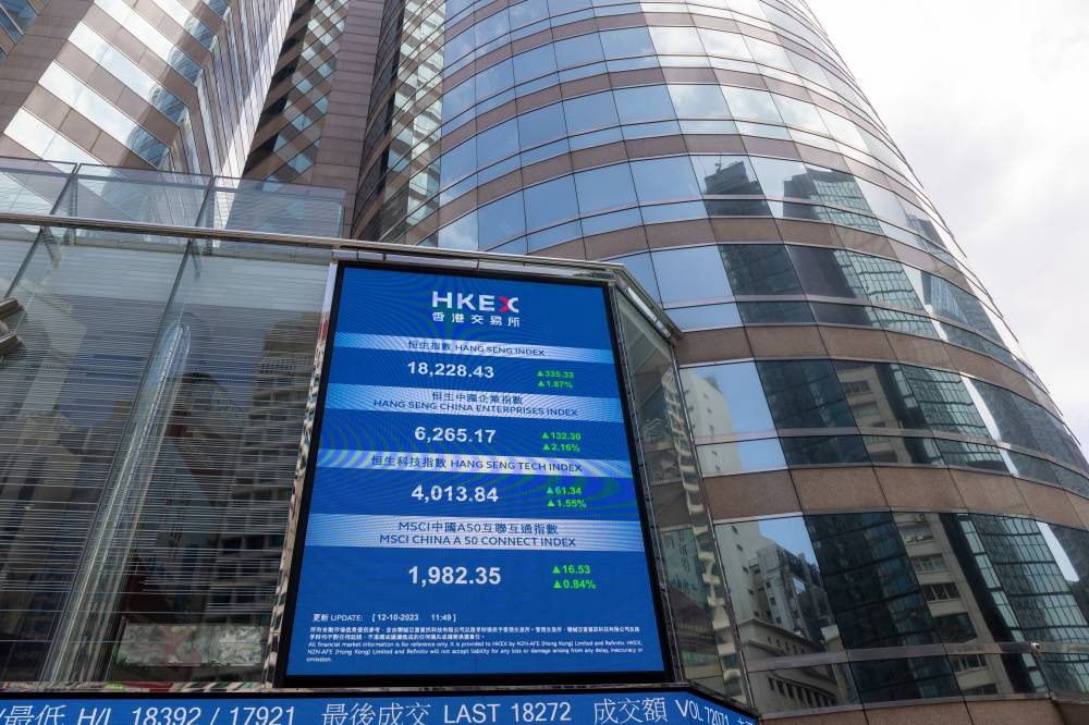 2023 Oct 13,Hong Kong.Hong Kong Stock Exchange ,Outside of Exchange Square building in Central District.